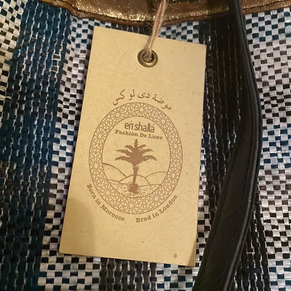 NWT Anthroplogie En Shalla Blue Plaid Crossbody tote bag w/ gold metallic trim - Picture 6 of 12